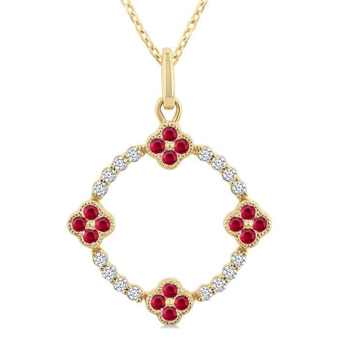 1.25 MM Clover Circle Ruby and 1/8 Ctw Round Cut Diamond Precious Pendant With Chain in 10K Yellow Gold