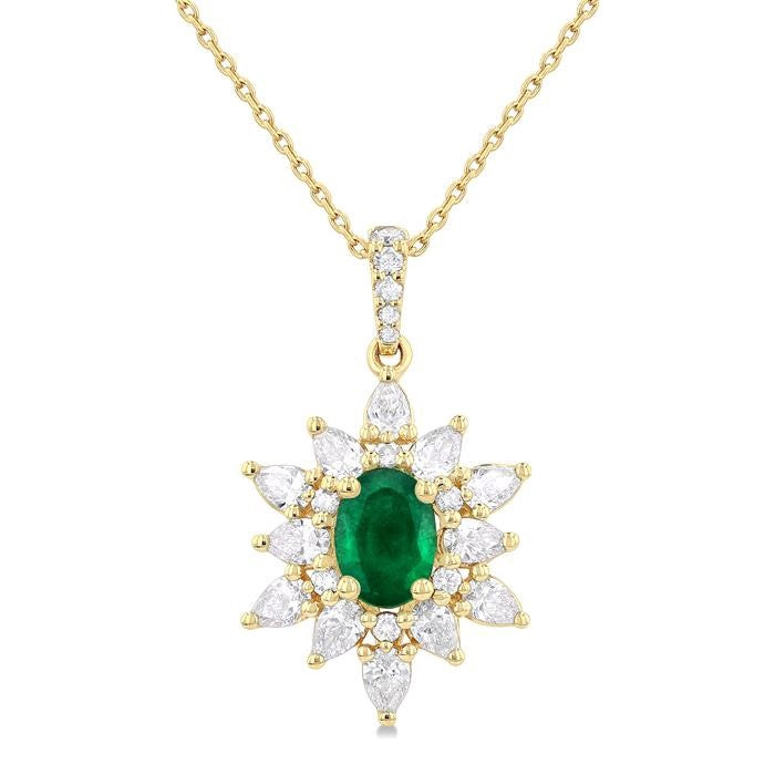 7x5 MM Oval Cut Emerald and 1 Ctw Pear & Round Cut Diamond Precious Pendant With Chain in 14K Yellow Gold