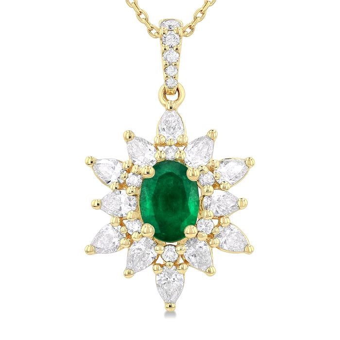 7x5 MM Oval Cut Emerald and 1 Ctw Pear & Round Cut Diamond Precious Pendant With Chain in 14K Yellow Gold