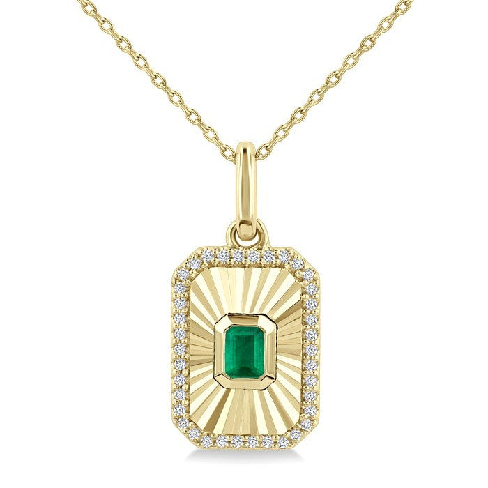 4X3 MM Octagon Shape Emerald and 1/8 Ctw Round Cut Diamond Pirouette Precious Fluted Medallion Pendant in 10K Yellow Gold with Chain