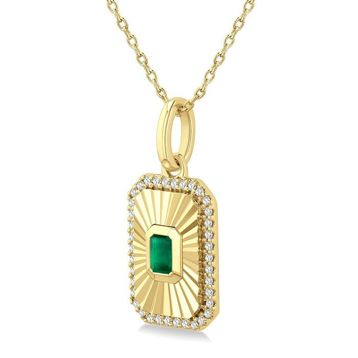 4X3 MM Octagon Shape Emerald and 1/8 Ctw Round Cut Diamond Pirouette Precious Fluted Medallion Pendant in 10K Yellow Gold with Chain