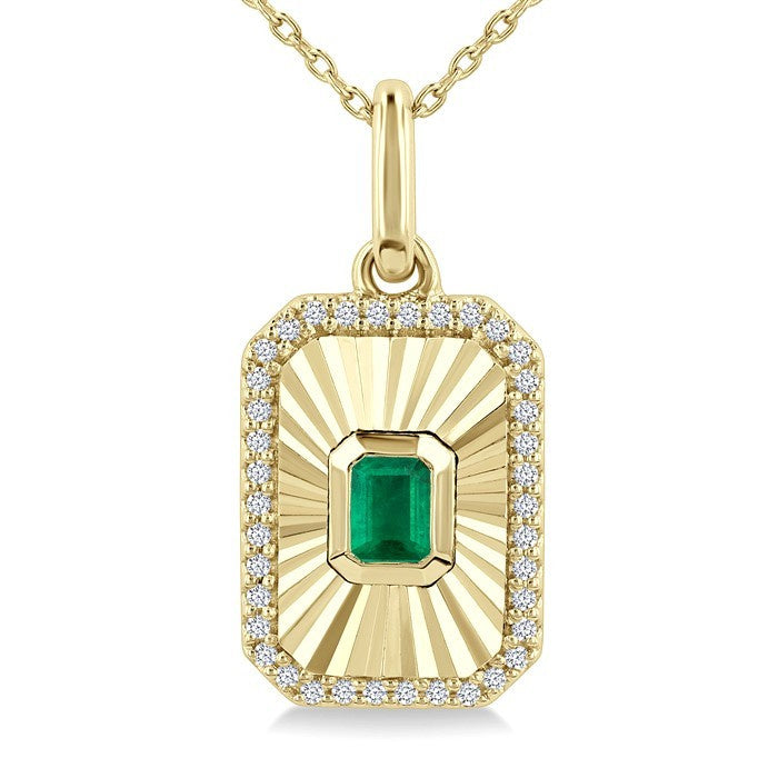 4X3 MM Octagon Shape Emerald and 1/8 Ctw Round Cut Diamond Pirouette Precious Fluted Medallion Pendant in 10K Yellow Gold with Chain