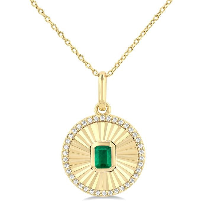 4X3 MM Octagon Shape Emerald and 1/8 Ctw Round Cut Diamond Pirouette Precious Fluted Medallion Pendant in 10K Yellow Gold with Chain