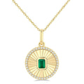 4X3 MM Octagon Shape Emerald and 1/8 Ctw Round Cut Diamond Pirouette Precious Fluted Medallion Pendant in 10K Yellow Gold with Chain