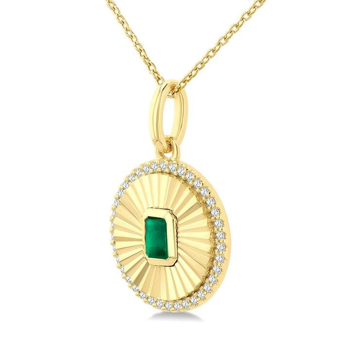 4X3 MM Octagon Shape Emerald and 1/8 Ctw Round Cut Diamond Pirouette Precious Fluted Medallion Pendant in 10K Yellow Gold with Chain