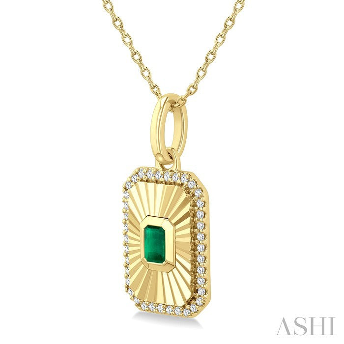 4X3 MM Octagon Shape Emerald and 1/8 Ctw Round Cut Diamond Pirouette Precious Fluted Medallion Pendant in 10K Yellow Gold with Chain