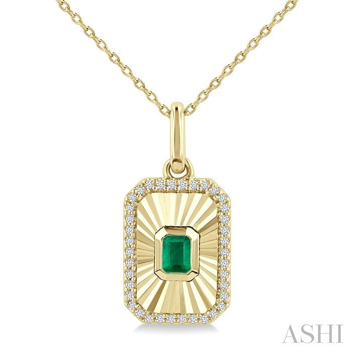 4X3 MM Octagon Shape Emerald and 1/8 Ctw Round Cut Diamond Pirouette Precious Fluted Medallion Pendant in 10K Yellow Gold with Chain