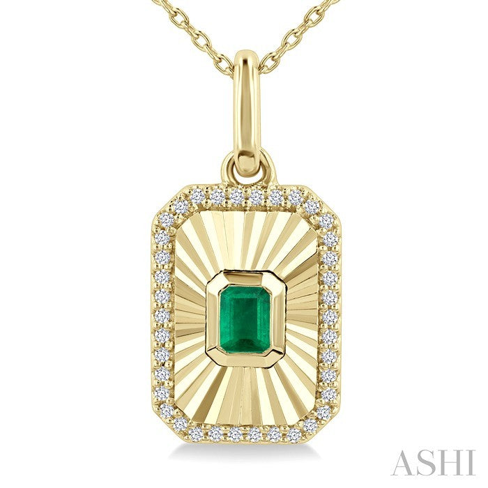 4X3 MM Octagon Shape Emerald and 1/8 Ctw Round Cut Diamond Pirouette Precious Fluted Medallion Pendant in 10K Yellow Gold with Chain