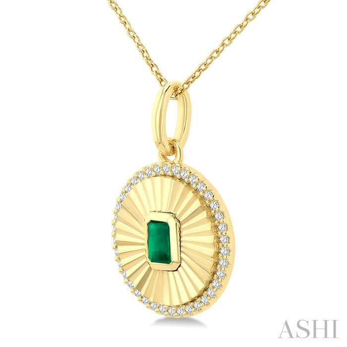 4X3 MM Octagon Shape Emerald and 1/8 Ctw Round Cut Diamond Pirouette Precious Fluted Medallion Pendant in 10K Yellow Gold with Chain