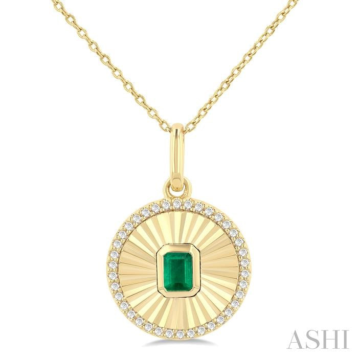 4X3 MM Octagon Shape Emerald and 1/8 Ctw Round Cut Diamond Pirouette Precious Fluted Medallion Pendant in 10K Yellow Gold with Chain