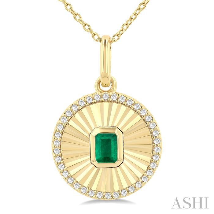 4X3 MM Octagon Shape Emerald and 1/8 Ctw Round Cut Diamond Pirouette Precious Fluted Medallion Pendant in 10K Yellow Gold with Chain