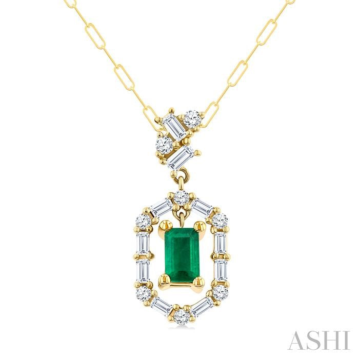 5x3 MM Emerald Cut and 1/3 Ctw Baguette & Round Cut Diamond Precious Fashion Pendant With Chain in 14K Yellow Gold