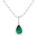 6x4 MM Bezel Set Pear Cut Emerald Precious Fashion Pendant With Paperclip Chain in 14K White Gold