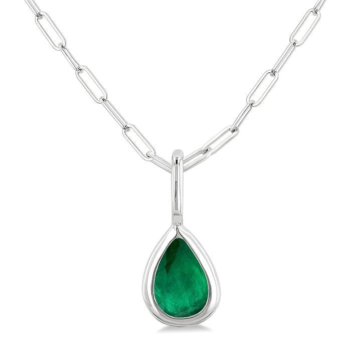 6x4 MM Bezel Set Pear Cut Emerald Precious Fashion Pendant With Paperclip Chain in 14K White Gold
