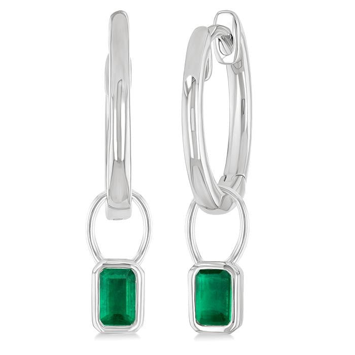 5x3 MM Bezel Set Emerald Precious Fashion Huggie Earrings in 14K White Gold