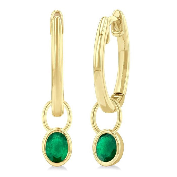 5x3 MM Bezel Set Oval Cut Emerald Precious Fashion Huggie Earrings in 14K Yellow Gold