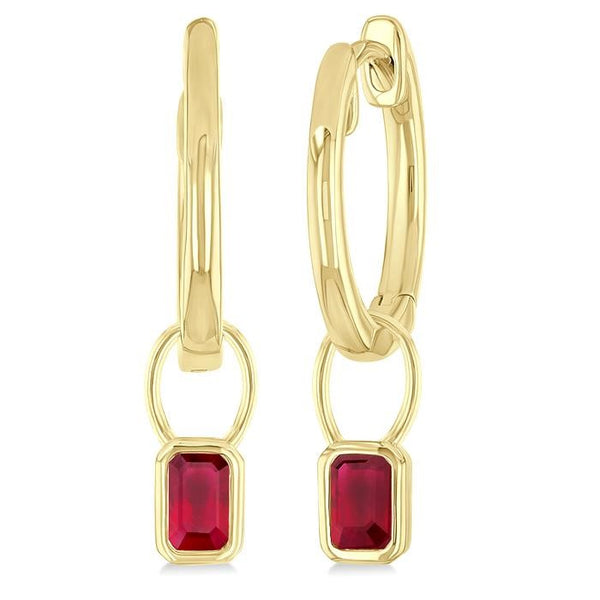 5x3 MM Bezel Set Emerald Cut Ruby Precious Fashion Huggie Earrings in 14K Yellow Gold