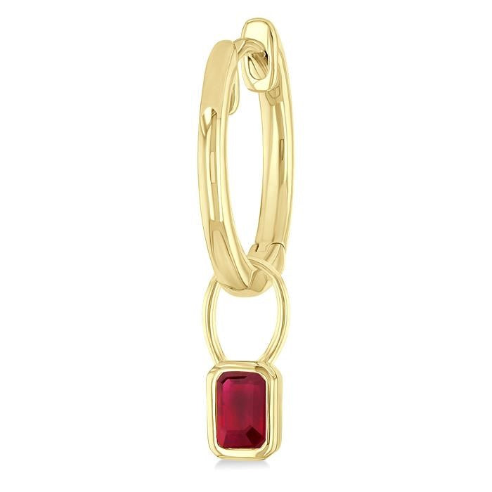 5x3 MM Bezel Set Emerald Cut Ruby Precious Fashion Huggie Earrings in 14K Yellow Gold