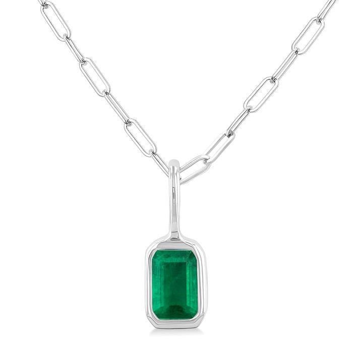 6x4 MM Bezel Set Emerald Cut Precious Fashion Pendant With Paperclip Chain in 14K White Gold