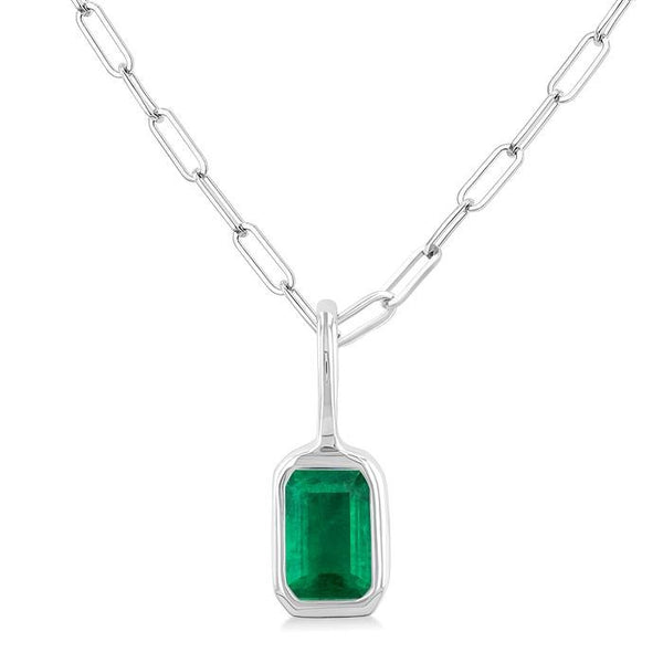 6x4 MM Bezel Set Emerald Cut Precious Fashion Pendant With Paperclip Chain in 14K White Gold