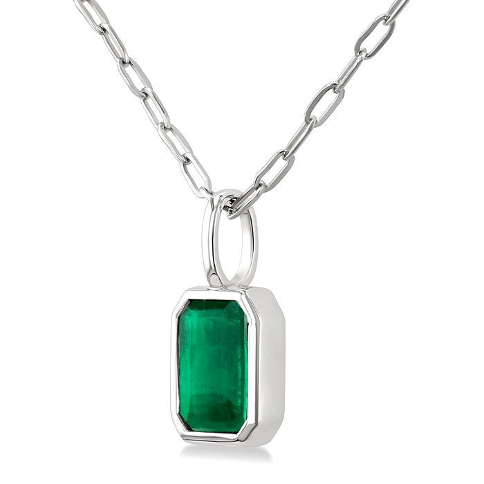 6x4 MM Bezel Set Emerald Cut Precious Fashion Pendant With Paperclip Chain in 14K White Gold