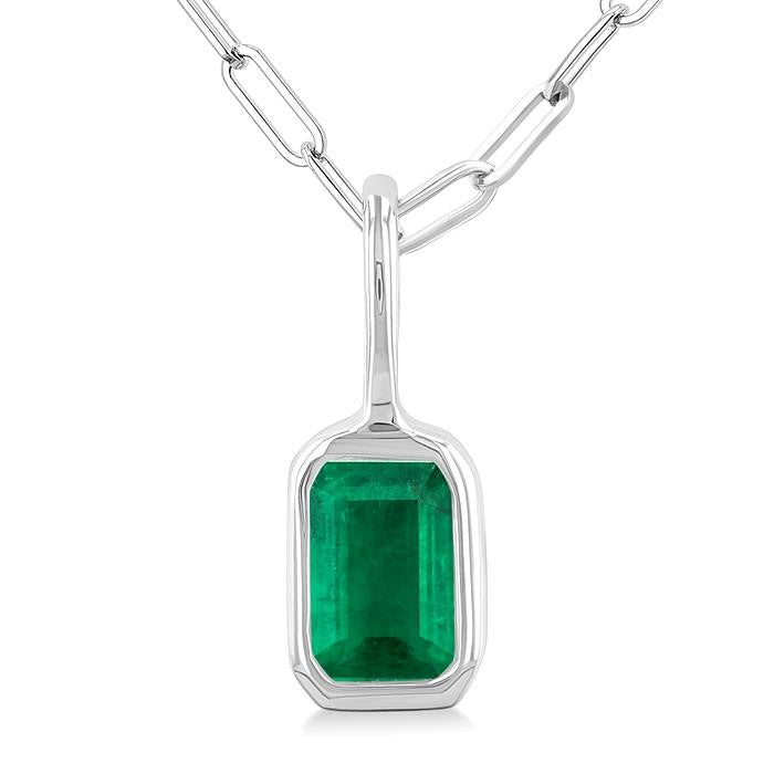 6x4 MM Bezel Set Emerald Cut Precious Fashion Pendant With Paperclip Chain in 14K White Gold