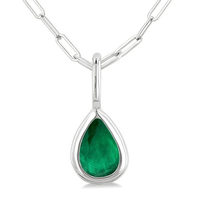6x4 MM Bezel Set Pear Cut Emerald Precious Fashion Pendant With Paperclip Chain in 14K White Gold