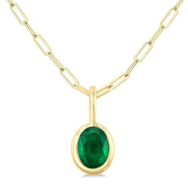 6x4 MM Bezel Set Oval Cut Emerald Precious Fashion Pendant With Paperclip Chain in 14K Yellow Gold