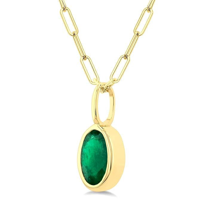 6x4 MM Bezel Set Oval Cut Emerald Precious Fashion Pendant With Paperclip Chain in 14K Yellow Gold