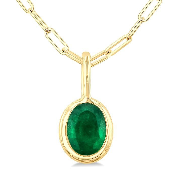 6x4 MM Bezel Set Oval Cut Emerald Precious Fashion Pendant With Paperclip Chain in 14K Yellow Gold