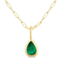 6x4 MM Bezel Set Pear Cut Emerald Precious Fashion Pendant With Paperclip Chain in 14K Yellow Gold