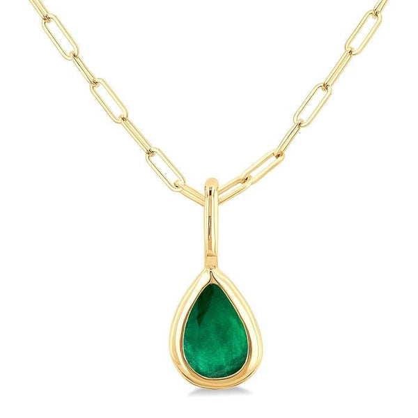 6x4 MM Bezel Set Pear Cut Emerald Precious Fashion Pendant With Paperclip Chain in 14K Yellow Gold