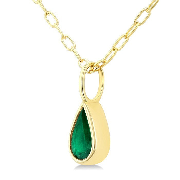 6x4 MM Bezel Set Pear Cut Emerald Precious Fashion Pendant With Paperclip Chain in 14K Yellow Gold