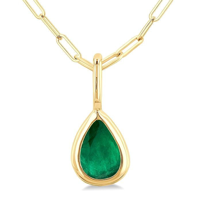 6x4 MM Bezel Set Pear Cut Emerald Precious Fashion Pendant With Paperclip Chain in 14K Yellow Gold