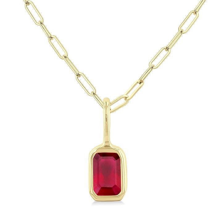 6x4 MM Bezel Set Emerald Cut Ruby Precious Fashion Pendant With Paperclip Chain in 14K Yellow Gold