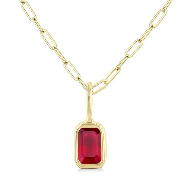 6x4 MM Bezel Set Emerald Cut Ruby Precious Fashion Pendant With Paperclip Chain in 14K Yellow Gold