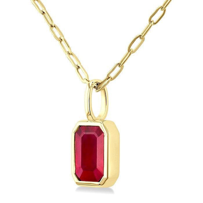 6x4 MM Bezel Set Emerald Cut Ruby Precious Fashion Pendant With Paperclip Chain in 14K Yellow Gold