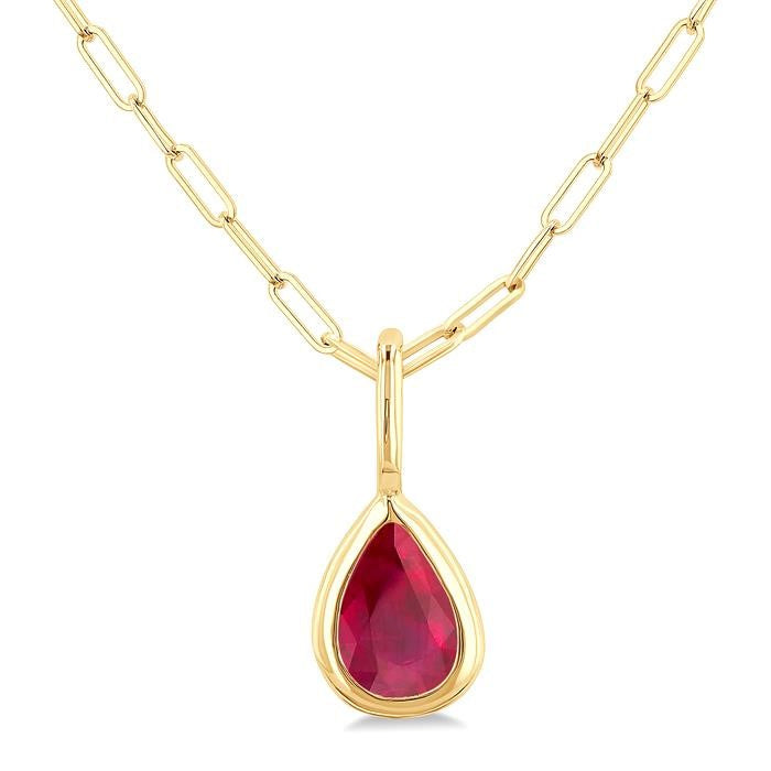6x4 MM Bezel Set Pear Cut Ruby Precious Fashion Pendant With Paperclip Chain in 14K Yellow Gold