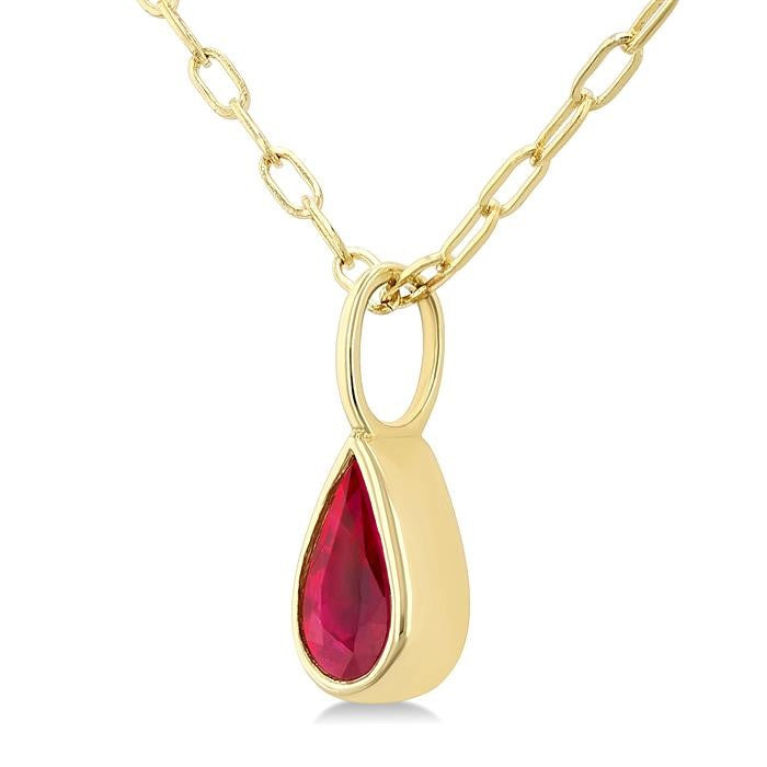 6x4 MM Bezel Set Pear Cut Ruby Precious Fashion Pendant With Paperclip Chain in 14K Yellow Gold
