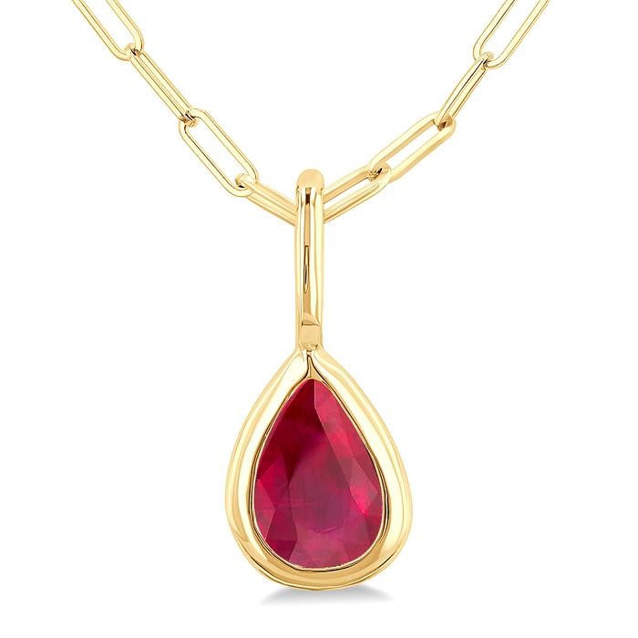6x4 MM Bezel Set Pear Cut Ruby Precious Fashion Pendant With Paperclip Chain in 14K Yellow Gold