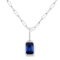 6x4 MM Bezel Set Emerald Cut Sapphire Precious Fashion Pendant With Paperclip Chain in 14K White Gold