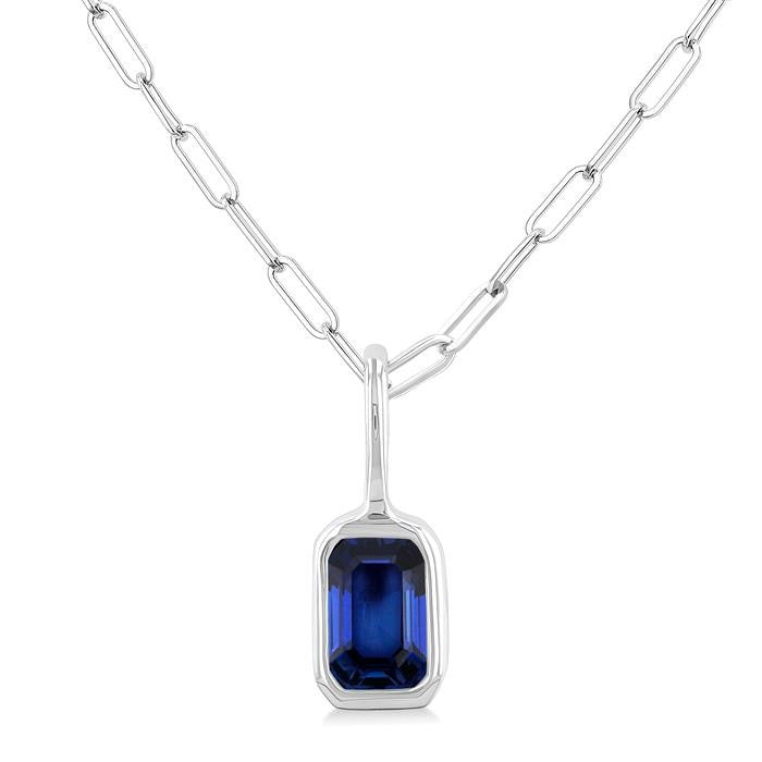 6x4 MM Bezel Set Emerald Cut Sapphire Precious Fashion Pendant With Paperclip Chain in 14K White Gold