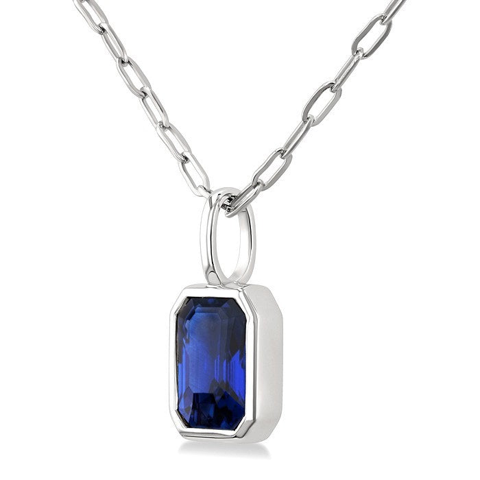 6x4 MM Bezel Set Emerald Cut Sapphire Precious Fashion Pendant With Paperclip Chain in 14K White Gold