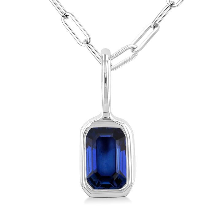 6x4 MM Bezel Set Emerald Cut Sapphire Precious Fashion Pendant With Paperclip Chain in 14K White Gold