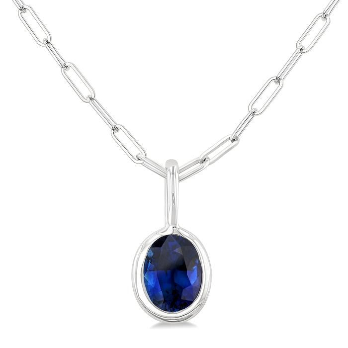 6x4 MM Bezel Set Oval Cut Sapphire Precious Fashion Pendant With Paperclip Chain in 14K White Gold