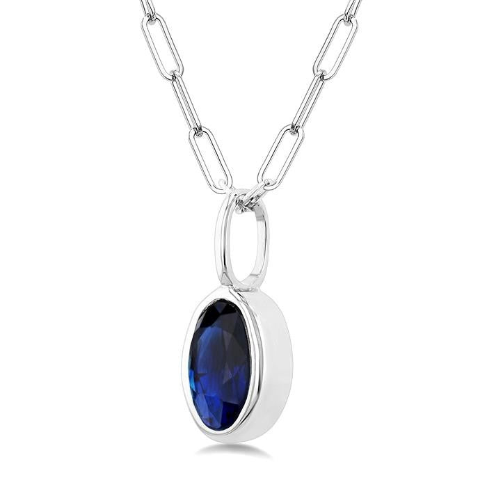 6x4 MM Bezel Set Oval Cut Sapphire Precious Fashion Pendant With Paperclip Chain in 14K White Gold