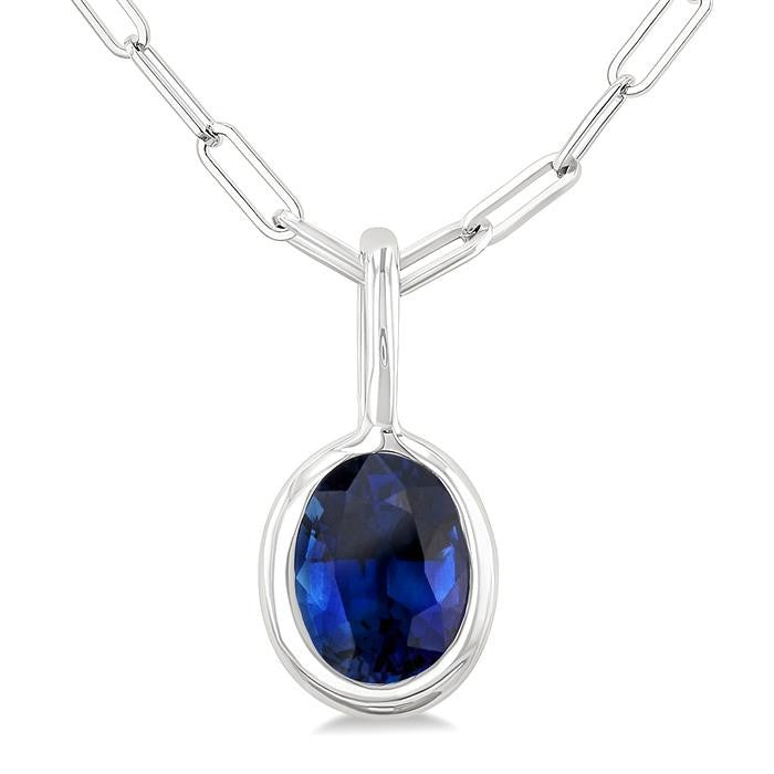 6x4 MM Bezel Set Oval Cut Sapphire Precious Fashion Pendant With Paperclip Chain in 14K White Gold