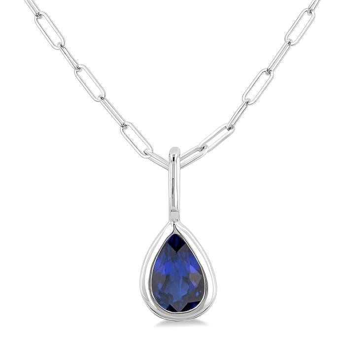 6x4 MM Bezel Set Pear Cut Sapphire Precious Fashion Pendant With Paperclip Chain in 14K White Gold
