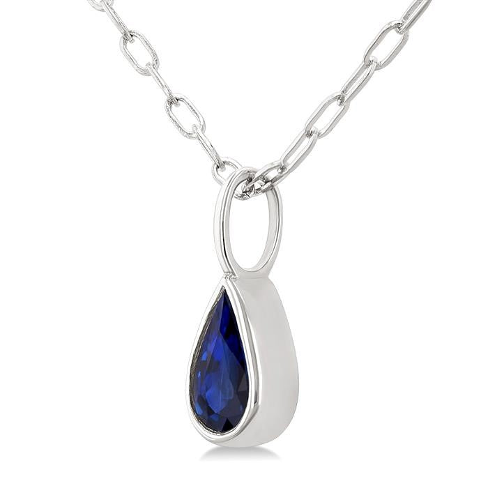 6x4 MM Bezel Set Pear Cut Sapphire Precious Fashion Pendant With Paperclip Chain in 14K White Gold