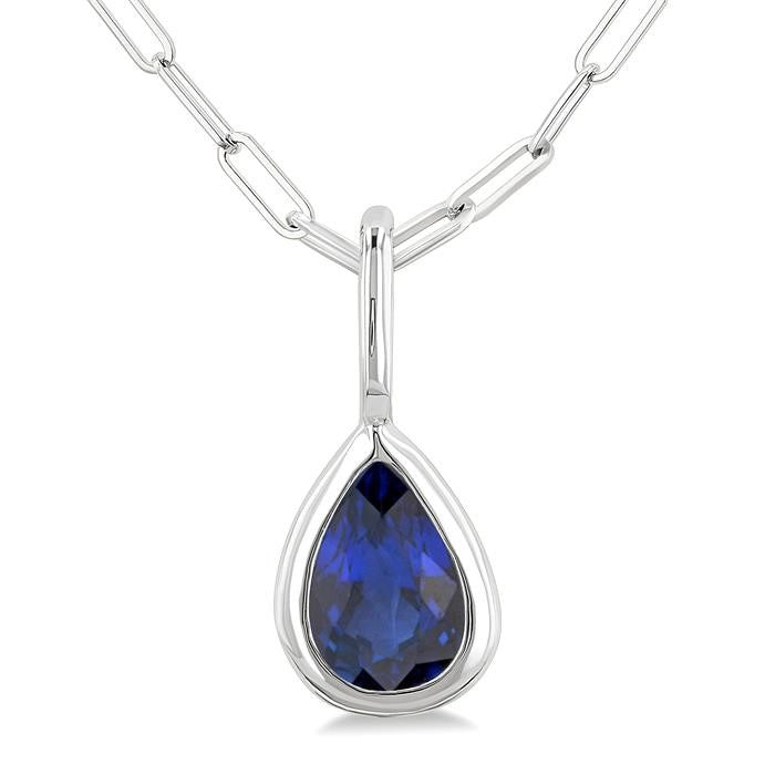 6x4 MM Bezel Set Pear Cut Sapphire Precious Fashion Pendant With Paperclip Chain in 14K White Gold